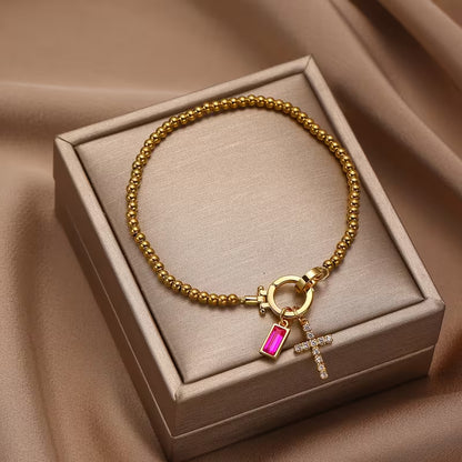 Beaded Birthstone Cross Charm Bracelet