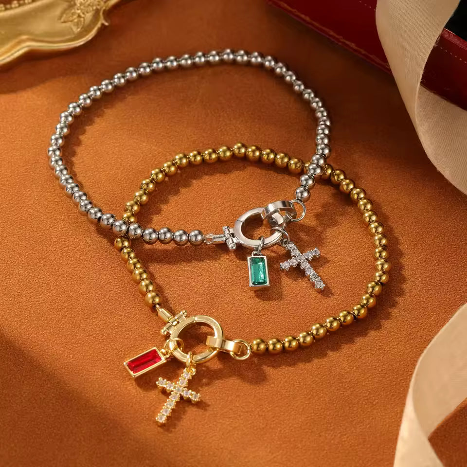 Beaded Birthstone Cross Charm Bracelet